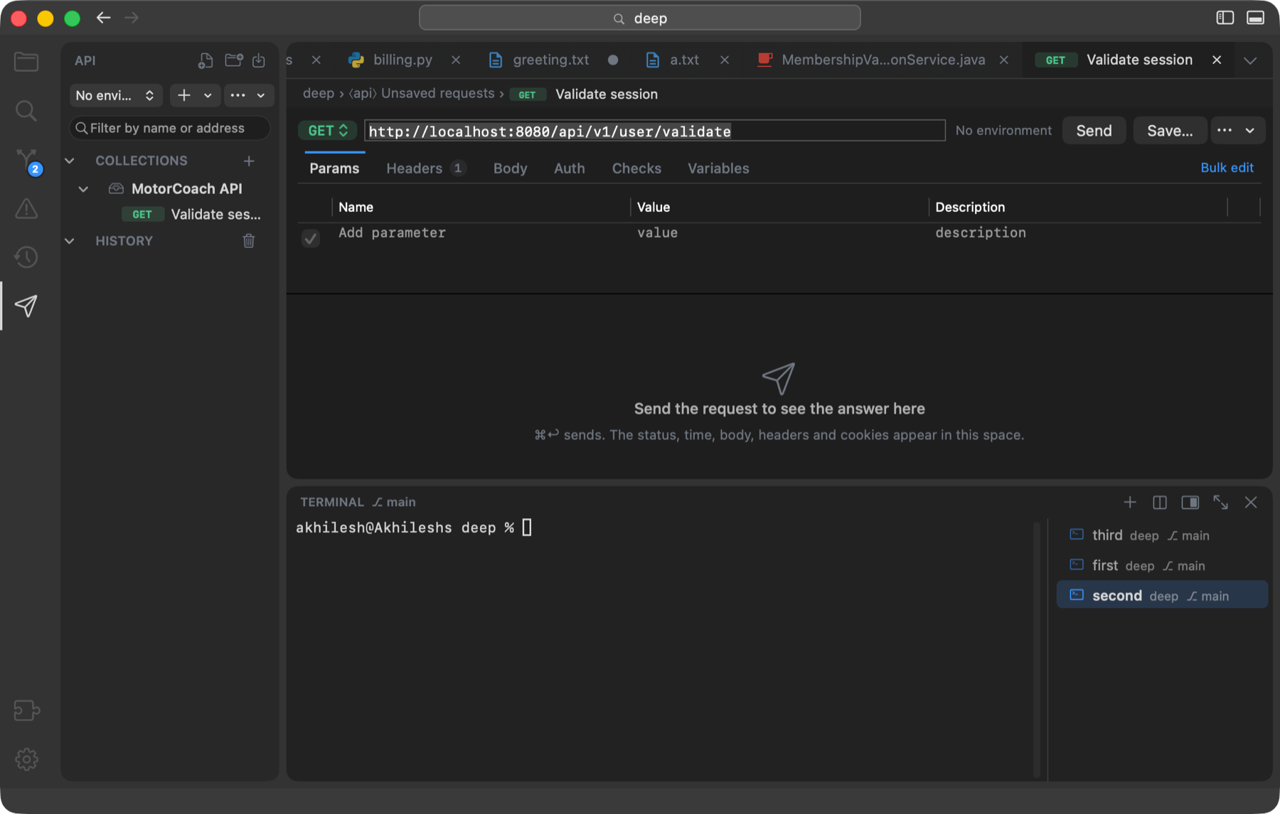 Feather's Requests pane: a collection in the sidebar, a GET request with its address, environment chip and Send button, tabs for params, headers, body, auth, checks and variables, and the answer area waiting below.