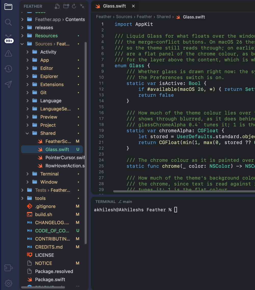 The explorer of the Feather repository: compact folder rows such as Feather.app › Contents and Sources › Feather, dots on the folders that contain changes, Swift files with M and U letters at the right edge, the selected file as a rounded bar, and the editor and terminal beside it.