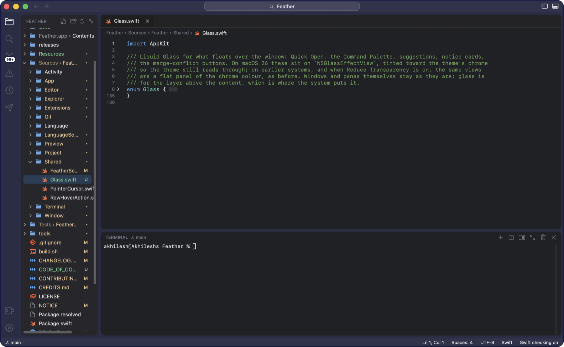 Glass.swift with the whole enum Glass folded to one line: line 8 shows enum Glass { followed by an ellipsis badge and a chevron in the gutter, and the next line number is 135.
