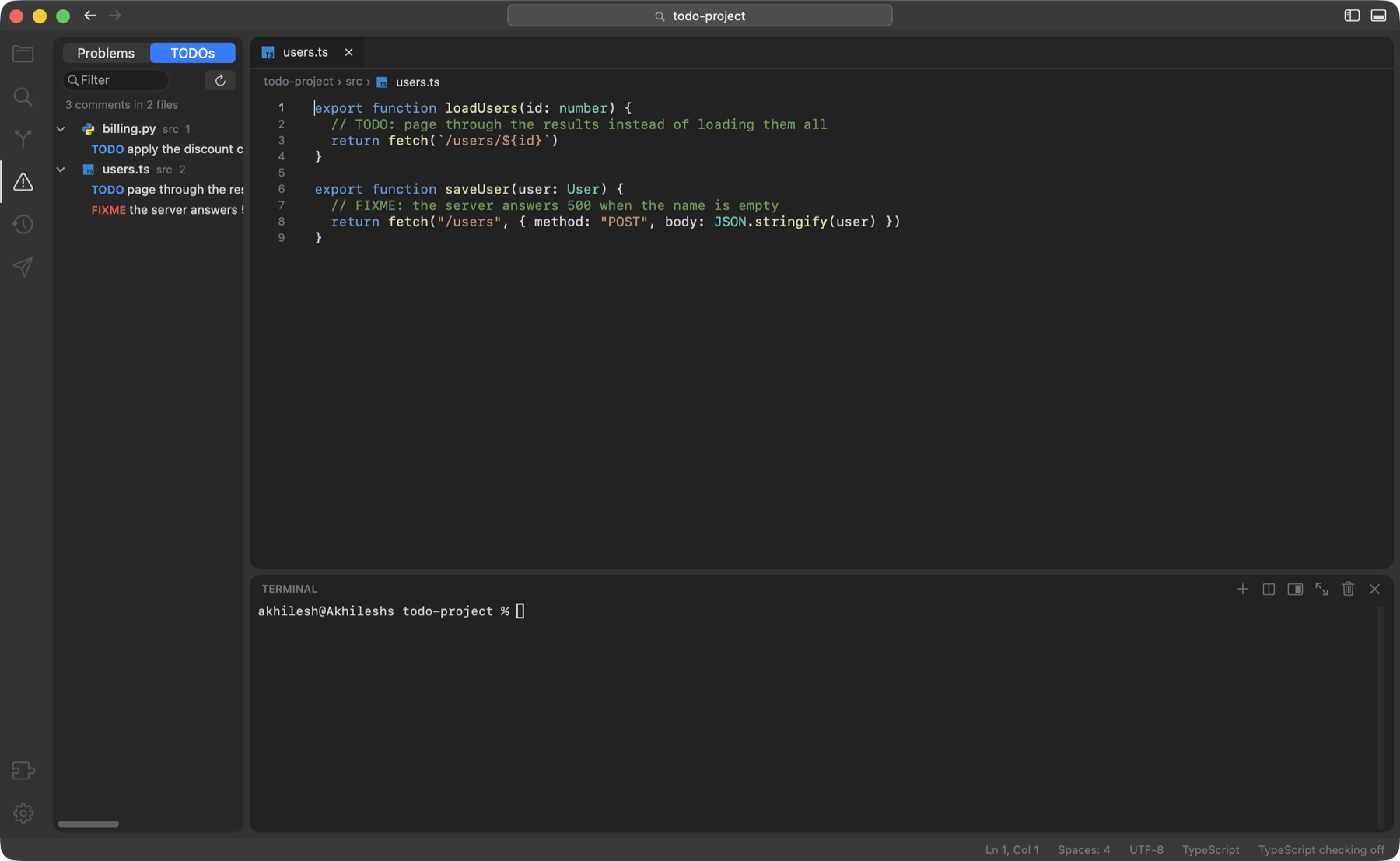 The Problems pane on its TODOs tab, listing a TODO and a FIXME comment per file, with the file open beside it.