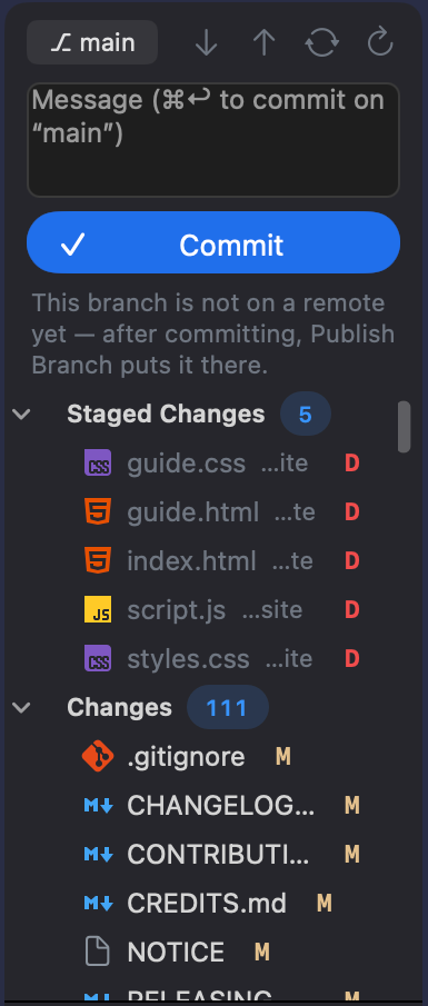 The Source Control pane on main: the branch button with pull, push, sync and refresh beside it, the message box, a blue Commit button, a note that the branch is not on a remote yet and Publish Branch will put it there, Staged Changes with a count of 5 (deleted files marked D) and Changes with a count of 111 (files marked M, with their folders dimmed).
