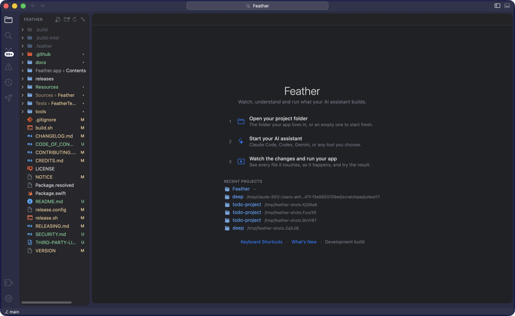 Feather's welcome page beside the explorer of the Feather repository: the title, three numbered steps (open your project folder, start your AI assistant, watch the changes and run your app), recent projects, and links to Keyboard Shortcuts and What's New.